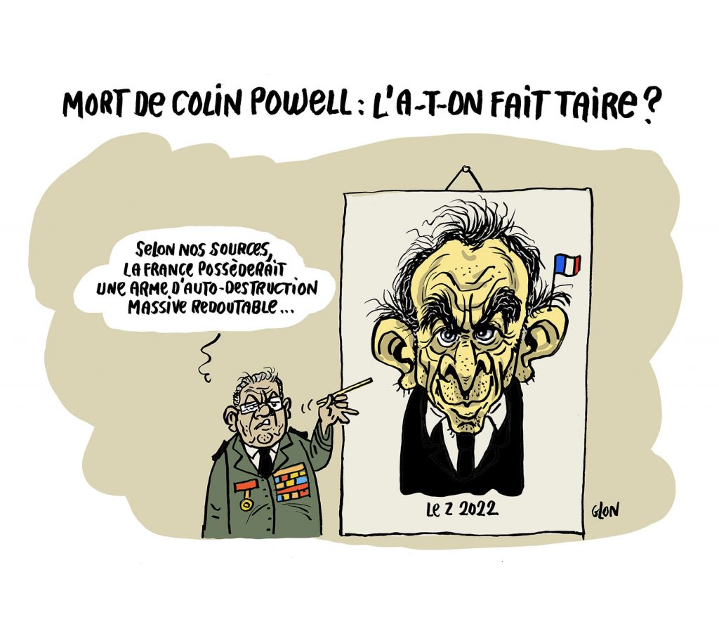 dessin presse humour mort Colin Powell image drôle auto-destruction massive Éric Zemmour