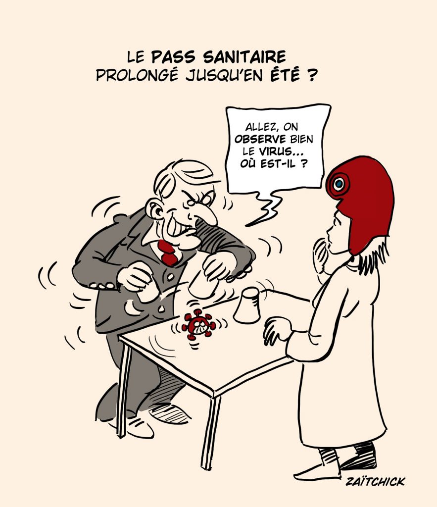 dessin presse humour Emmanuel Macron coronavirus image drôle prolongation pass sanitaire