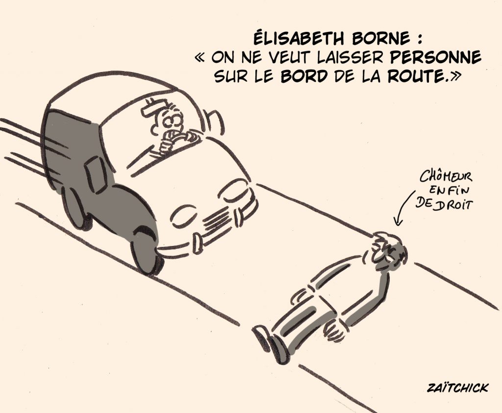 dessin presse humour Élisabeth Borne image drôle bord route