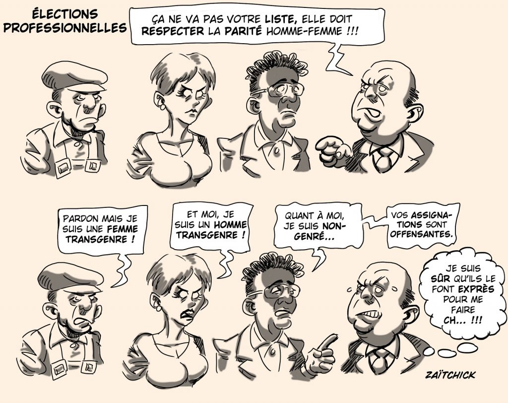 dessin presse humour élections professionnelles image drôle parité transgenre