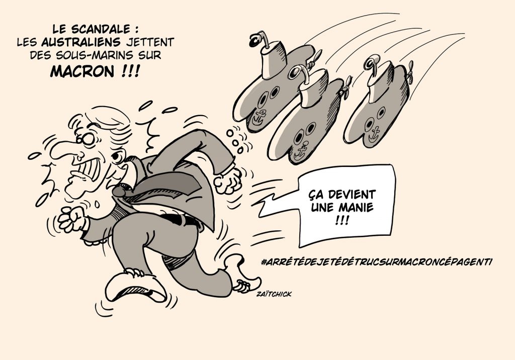 dessin presse humour Emmanuel Macron sous-marins image drôle jet œufs Lyon Salon restauration