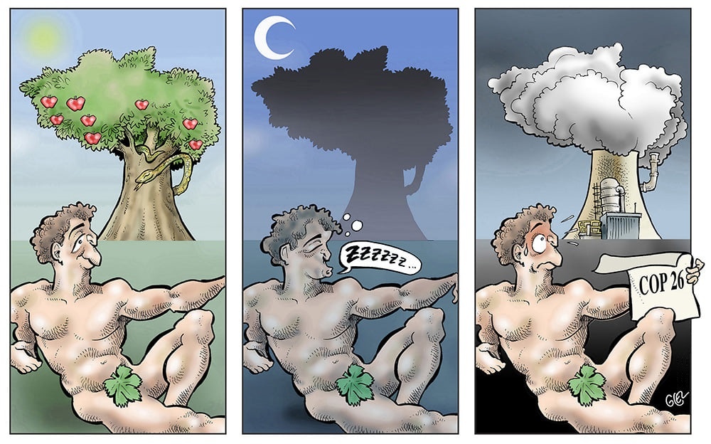 dessin presse humour Cop 26 image drôle Adam jardin d’Eden changement climatique