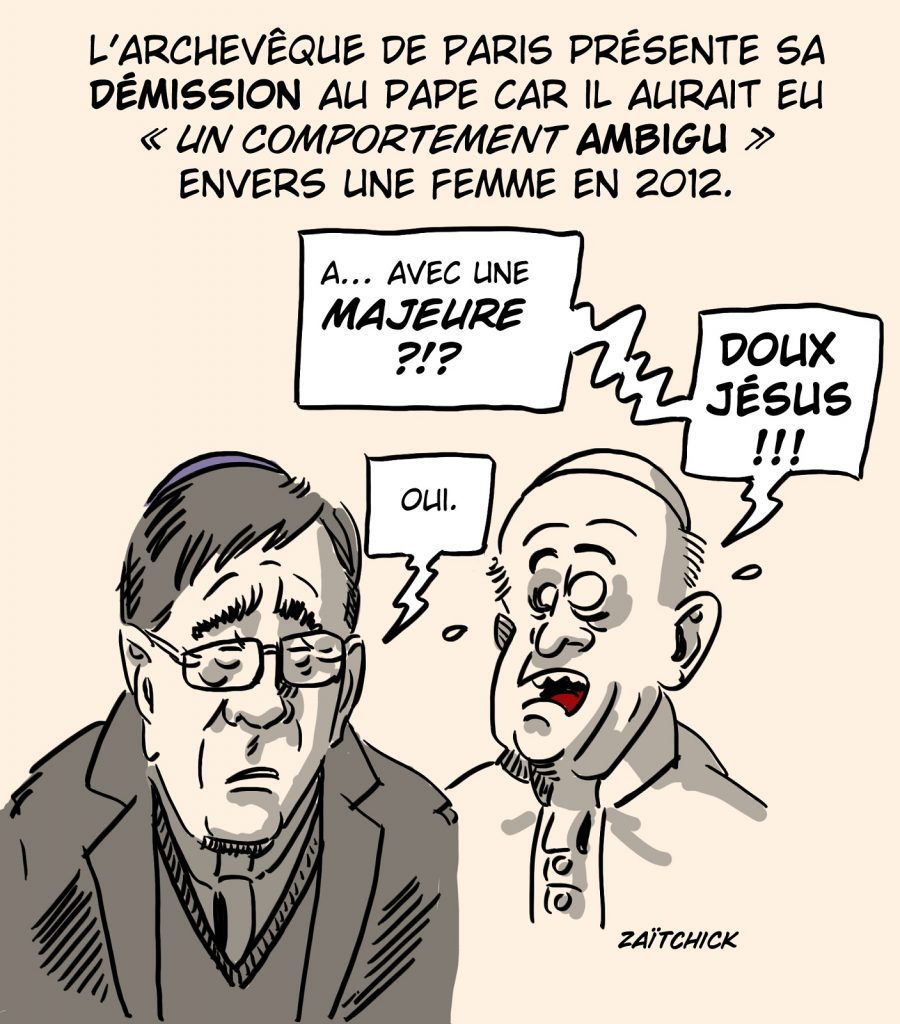 dessin presse humour Michel Aupetit archevêque Paris image drôle démission comportement ambigu