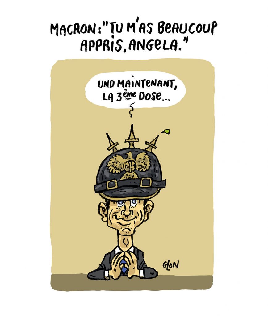 dessin presse humour Angela Merkel coronavirus image drôle Emmanuel Macron troisième dose