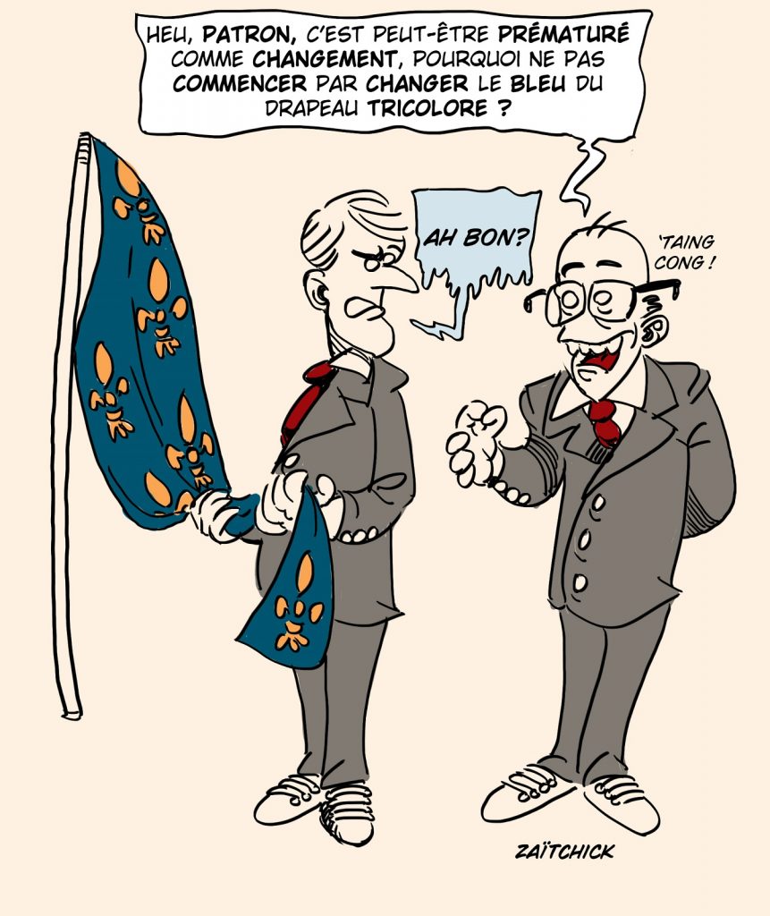 dessin presse humour Emmanuel Macron image drôle couleur drapeau français