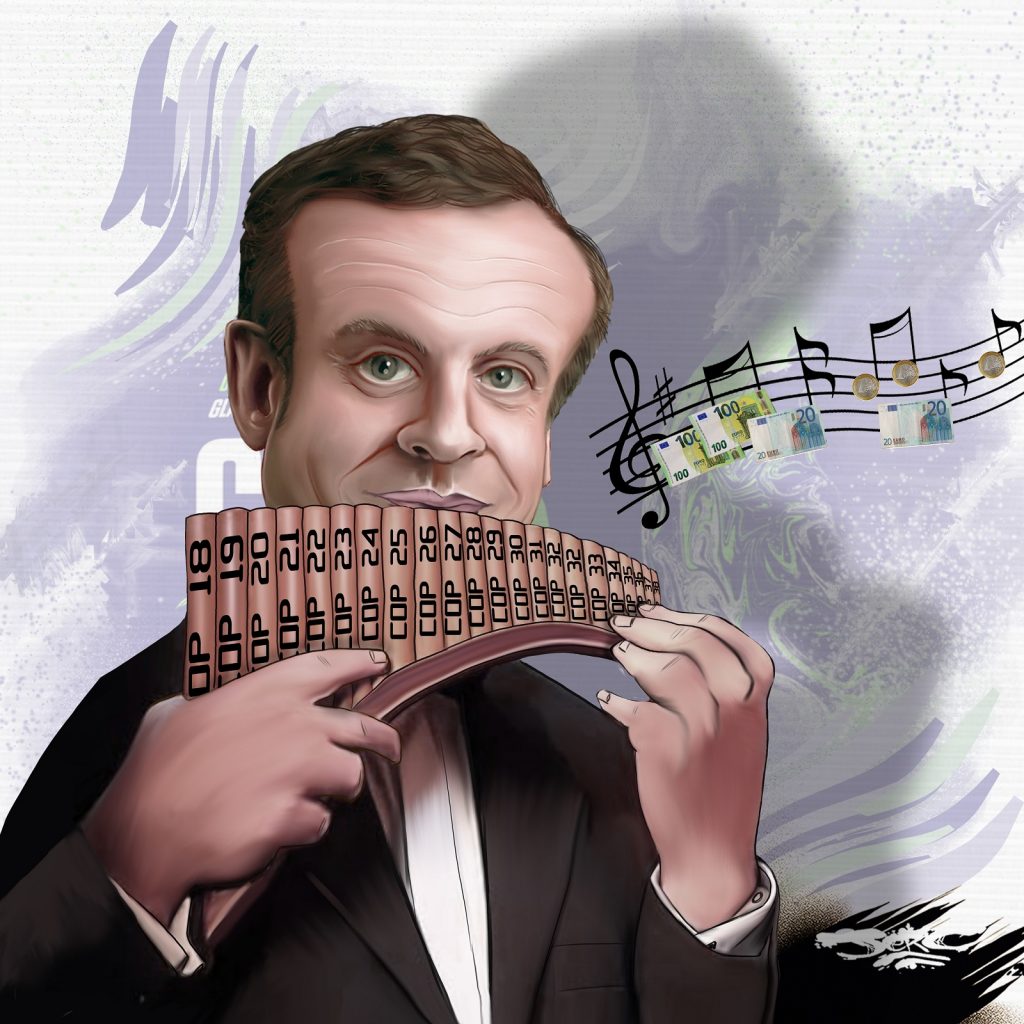 dessin presse humour Emmanuel Macron image drôle COP26 pipeau climat