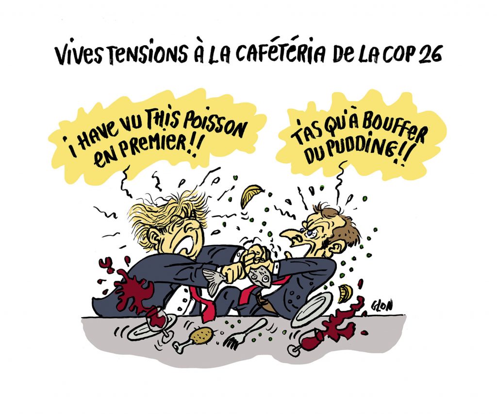 dessin presse humour COP26 Emmanuel Macron image drôle Boris Johnson poisson pêche