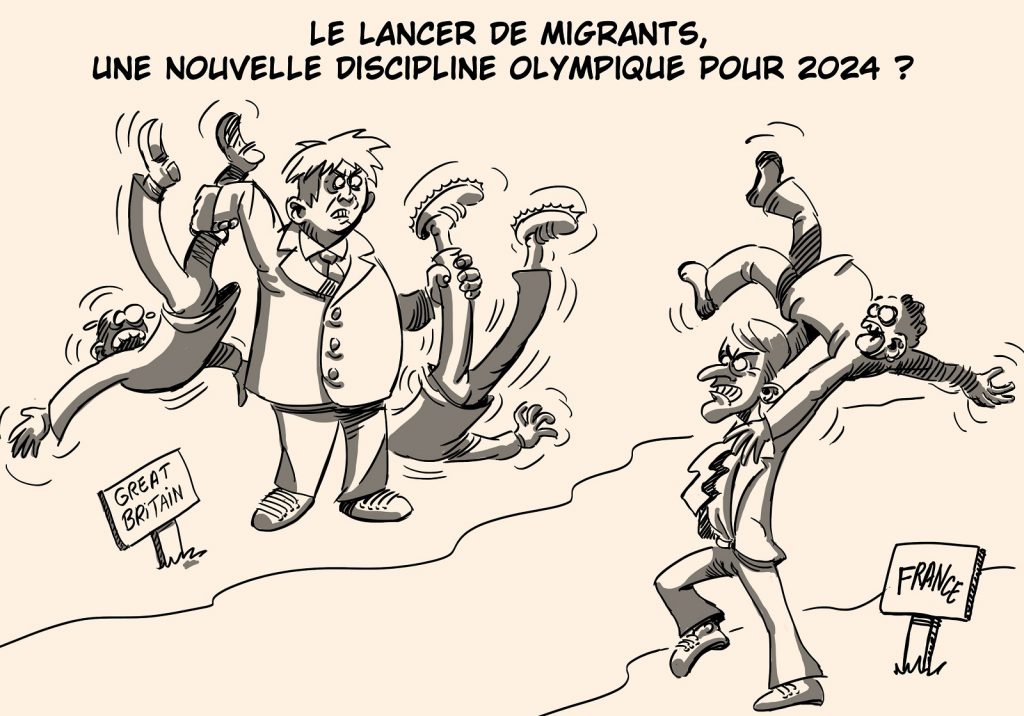 dessin presse humour Boris Johnson Emmanuel Macron image drôle lancer migrant France Angleterre