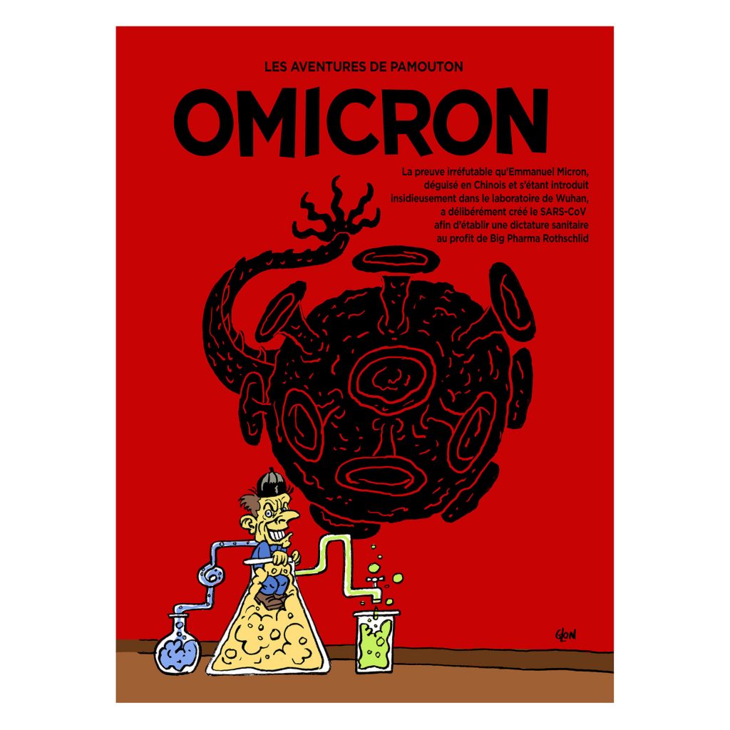 dessin presse humour coronavirus variant omicron image drôle complotisme Emmanuel Macron Big Pharma