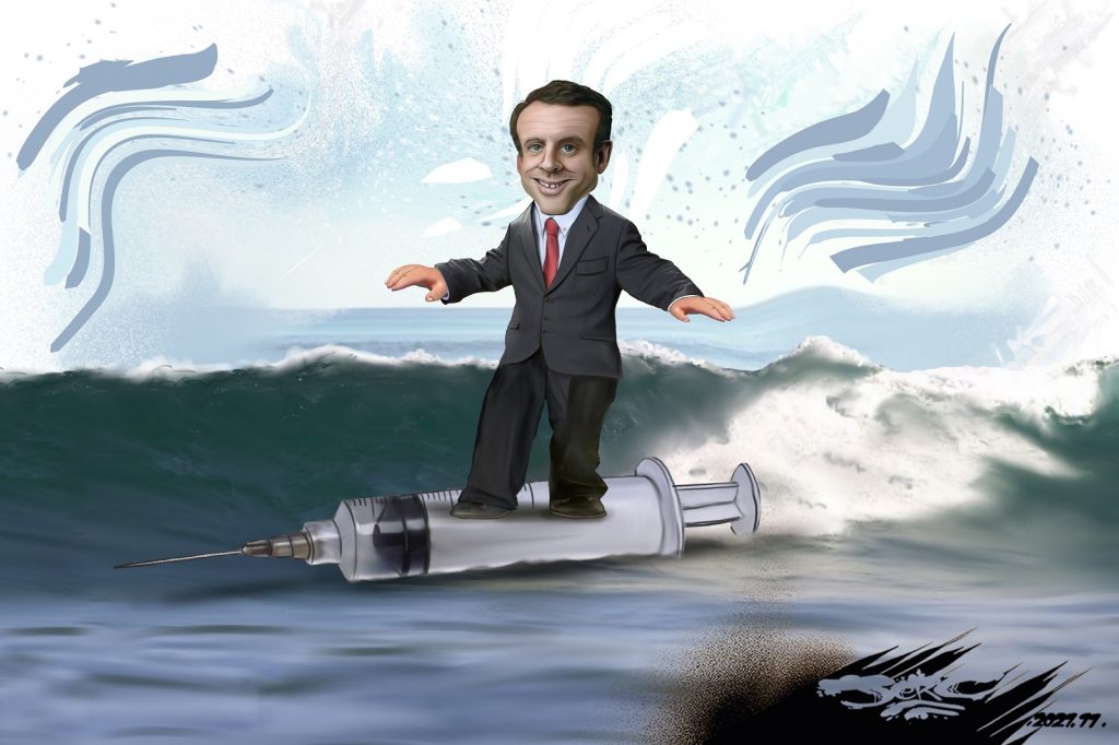 dessin presse humour coronavirus vaccination image drôle Emmanuel Macron vague