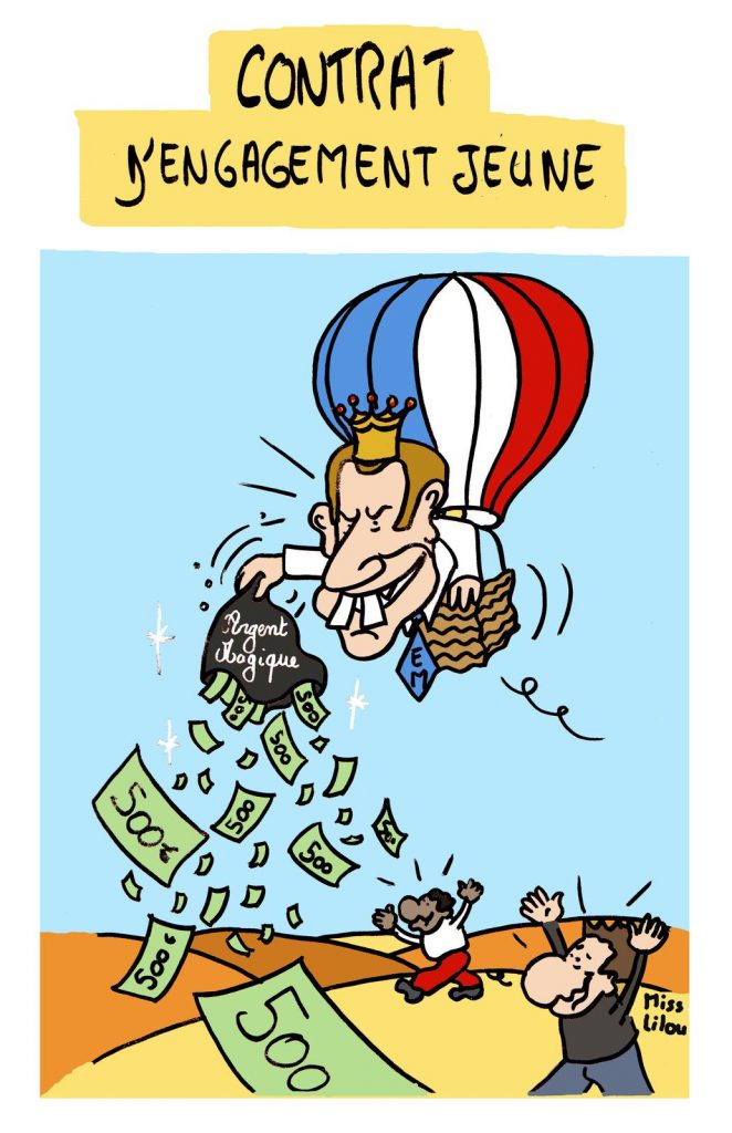 dessin presse humour Emmanuel Macron image drôle contrat engagement jeune