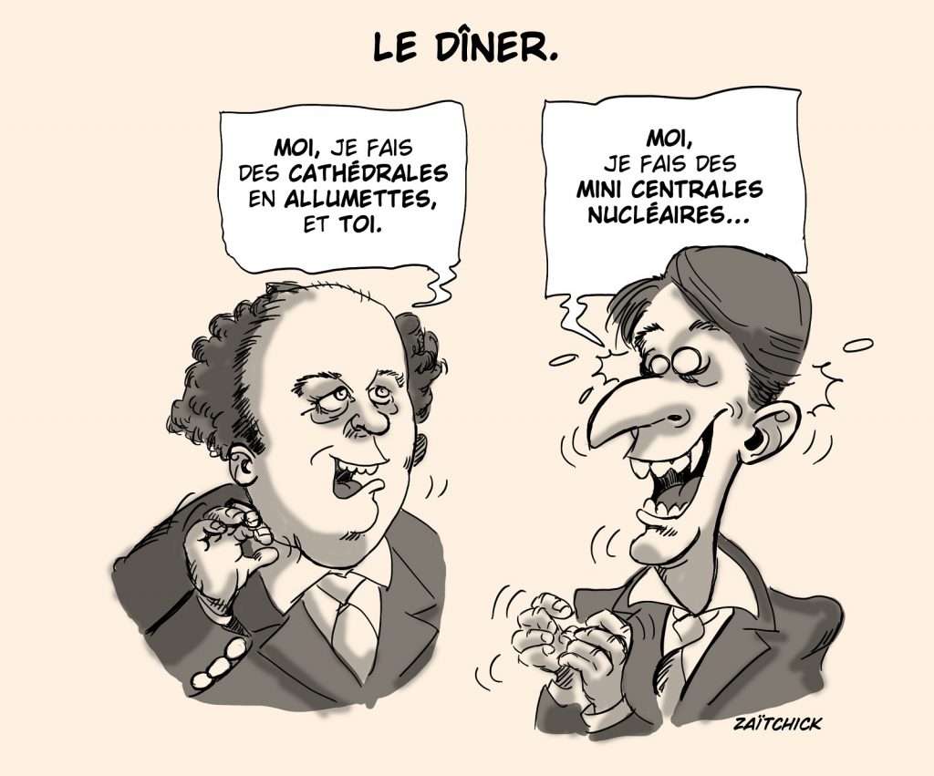 dessin presse humour Emmanuel Macron François Pignon image drôle dîner cons mini centrale nucléaire