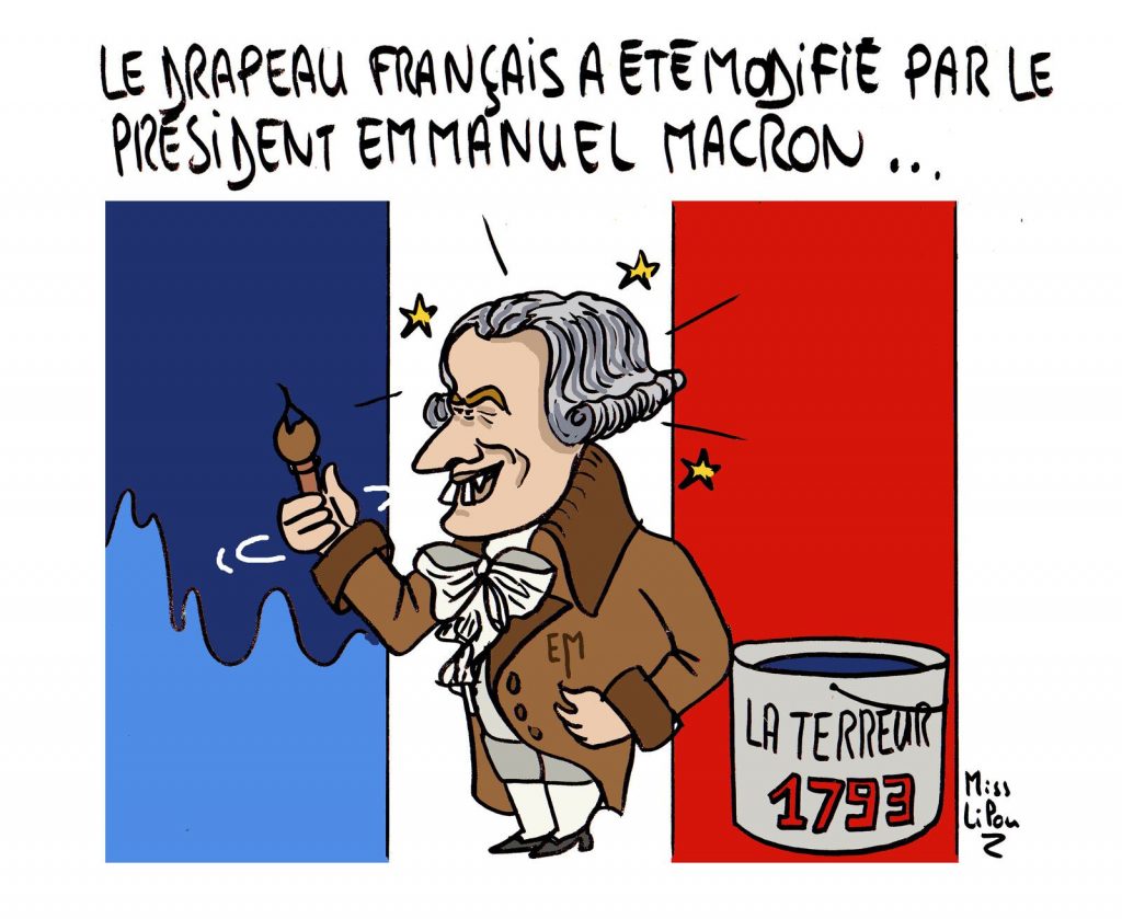 dessin presse humour Emmanuel Macron image drôle couleur drapeau français