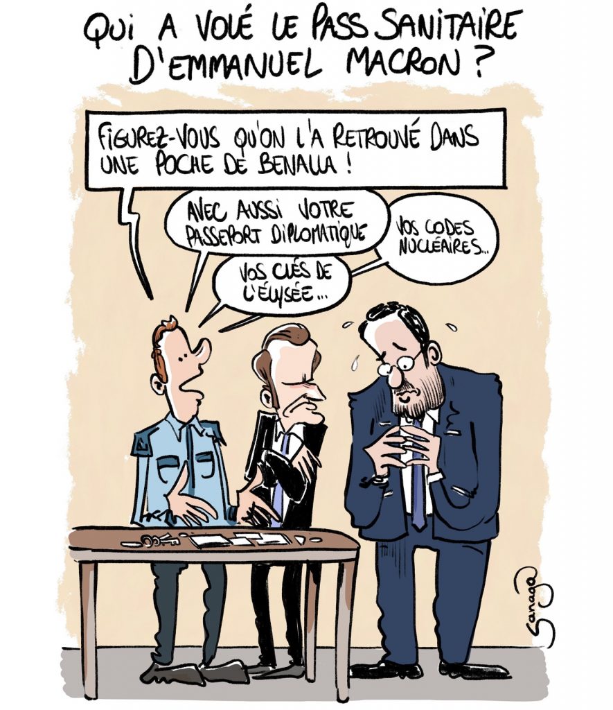 dessin presse humour vol pass sanitaire Emmanuel Macron image drôle Alexandre Benalla