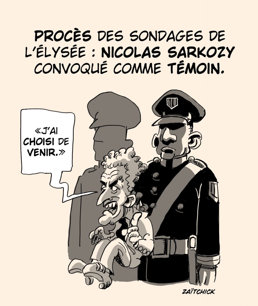 dessin presse humour Nicolas Sarkozy témoin image drôle procès sondages Élysée