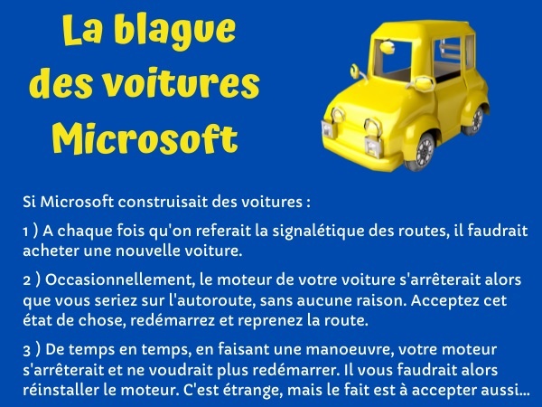 blague Microsoft, blague construction, blague industrie, blague voiture, blague technologie, blague automobile, humour drôle