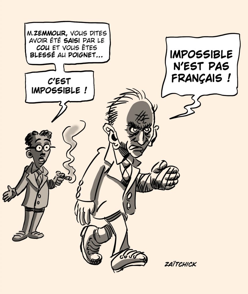 dessin presse humour meeting zemmour Villepinte image drôle blessure poignet présidentielle 2021