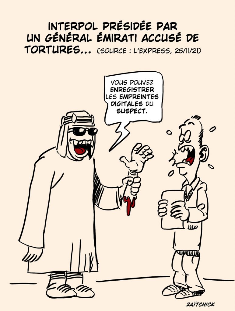dessin presse humour interpol général Émirati image drôle accusation torture