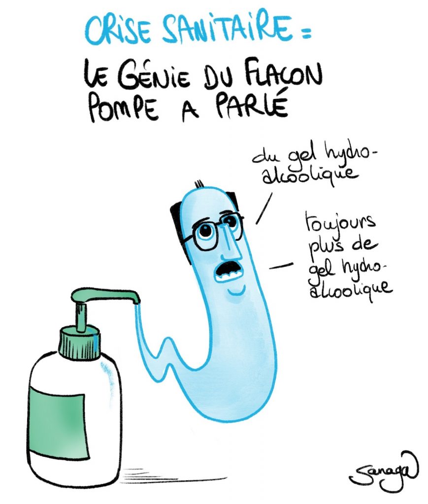 dessin presse humour coronavirus Jean Castex image drôle gel hydroalcoolique