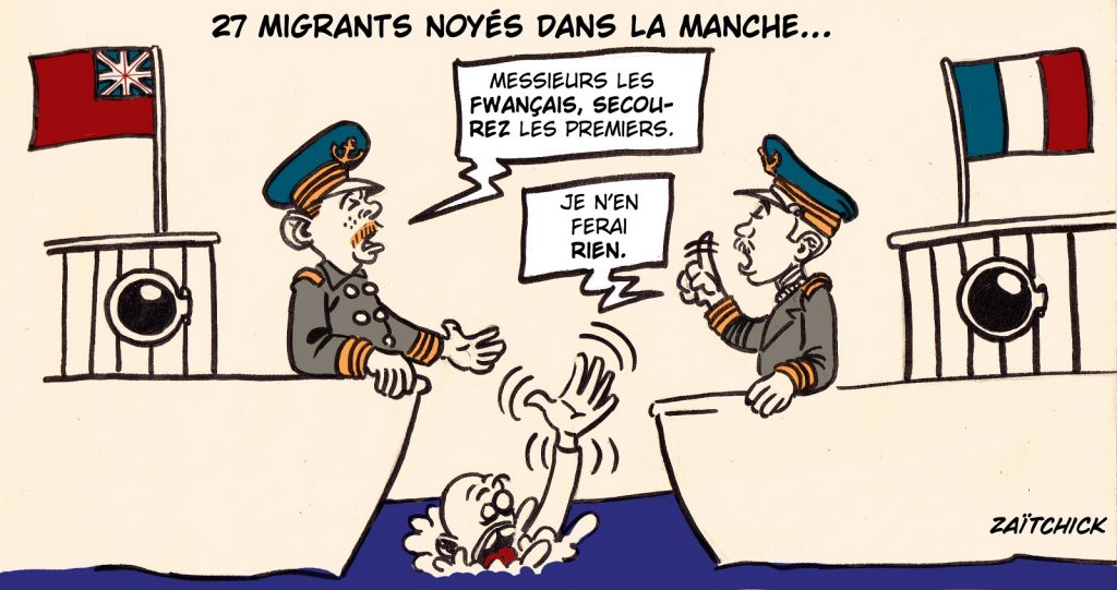 dessin presse humour migrants noyade image drôle sauvetage traversée Manche