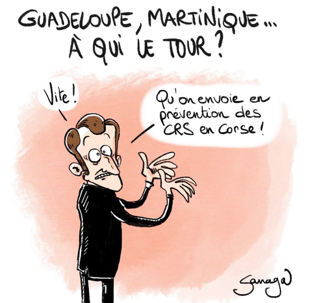 dessin presse humour Emmanuel Macron image drôle émeutes Martinique Guadeloupe