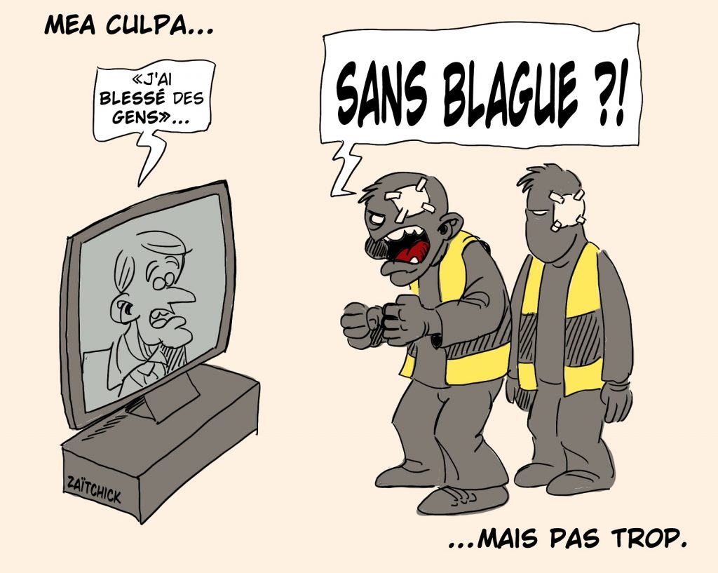 dessin presse humour Emmanuel Macron mea culpa image drôle allocution télévisée TF1 gilet jaune