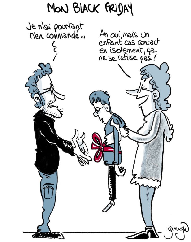 dessin presse humour Sanaga image drôle enfant cas contact isolement