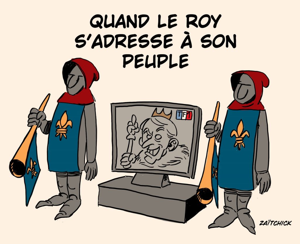 dessin presse humour Emmanuel Macron image drôle allocution télévisée Tf1
