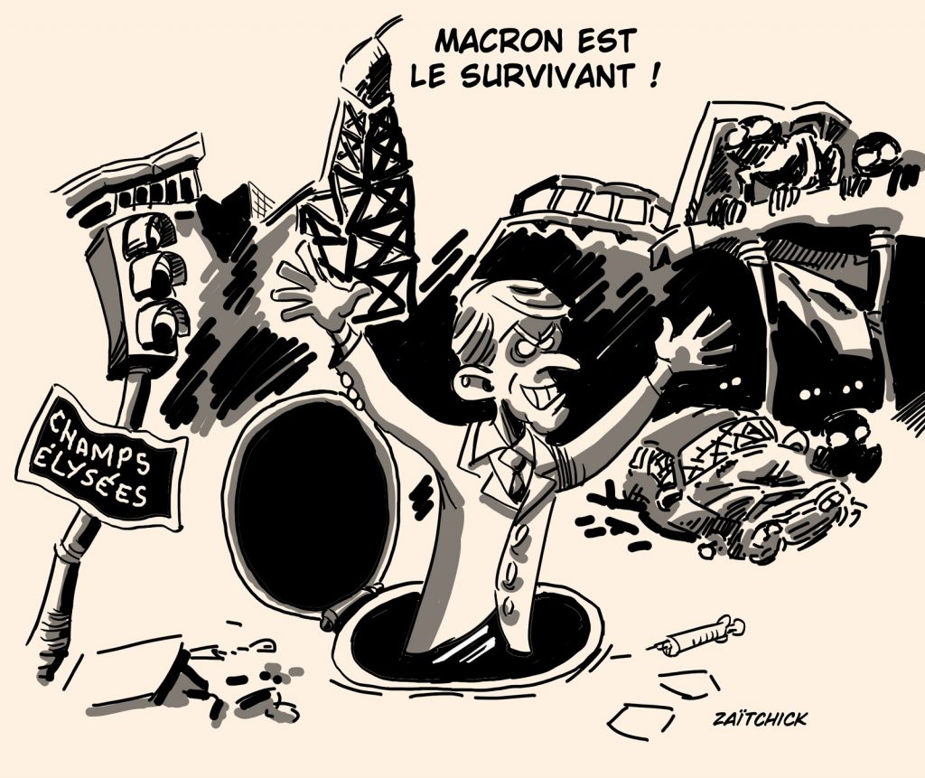dessin presse humour bilan Emmanuel Macron image drôle présidentielle 2022 survivant