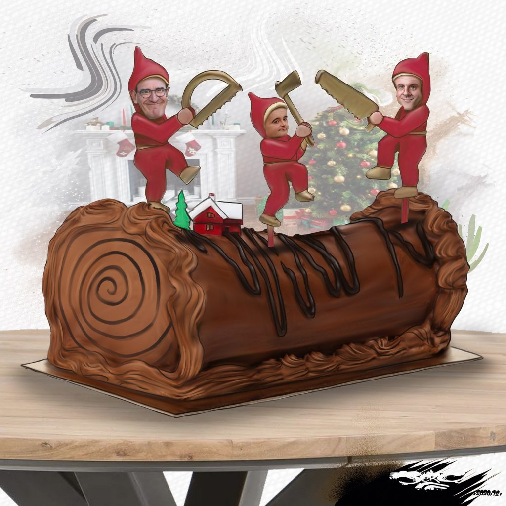 dessin presse humour bûche Noël chocolat image drôle Emmanuel Macron