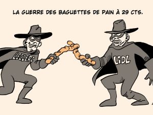 dessin presse humour baguette pain 29 centimes image drôle guerre Leclerc Lidl