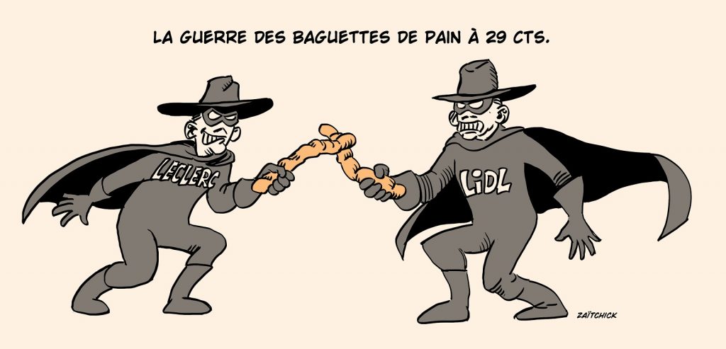 dessin presse humour baguette pain 29 centimes image drôle guerre Leclerc Lidl
