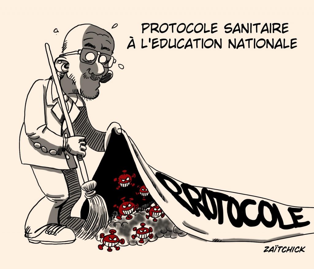 dessin presse humour coronavirus covid-19 protocole image drôle Jean-Michel Blanquer Éducation Nationale