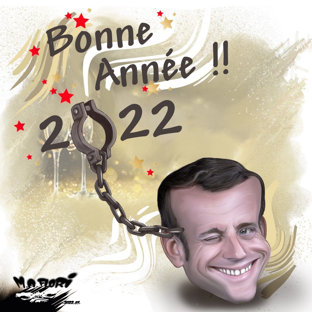 dessin presse humour bonne année 2022 image drôle Emmanuel Macron chaîne