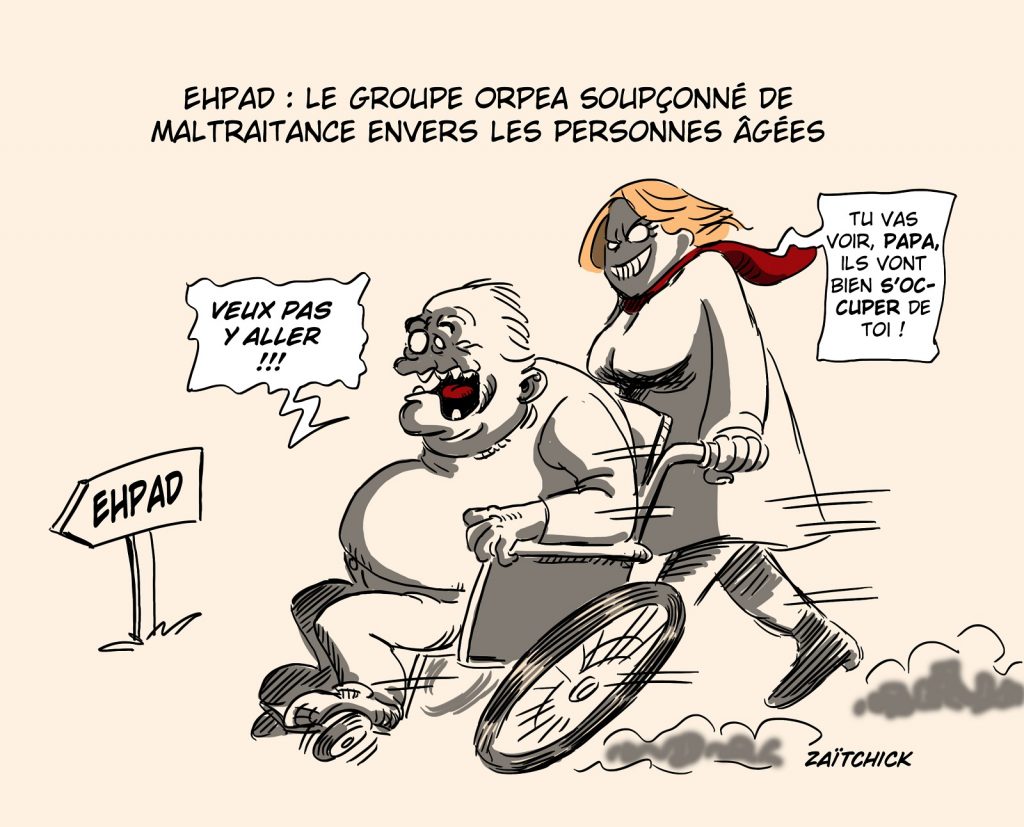 dessin presse humour Marine Le Pen maltraitance image drôle Jean-Marie Le Pen scandale Orpea