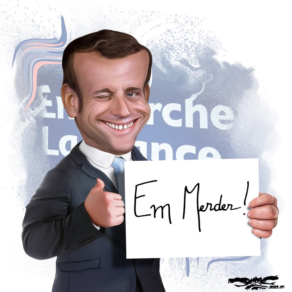 dessin presse humour En Marche emmerdeur image drôle Emmanuel Macron présidentielle 2022