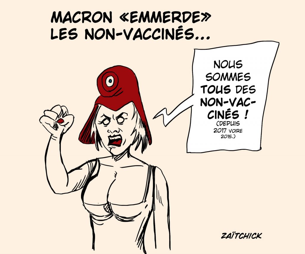 dessin presse humour Emmanuel Macron emmerder image drôle non-vaccinés électeurs