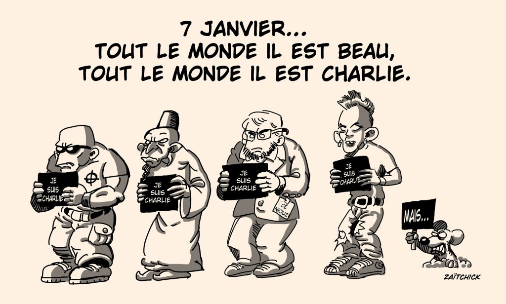 dessin presse humour anniversaire attentats image drôle Charlie Hebdo récupération