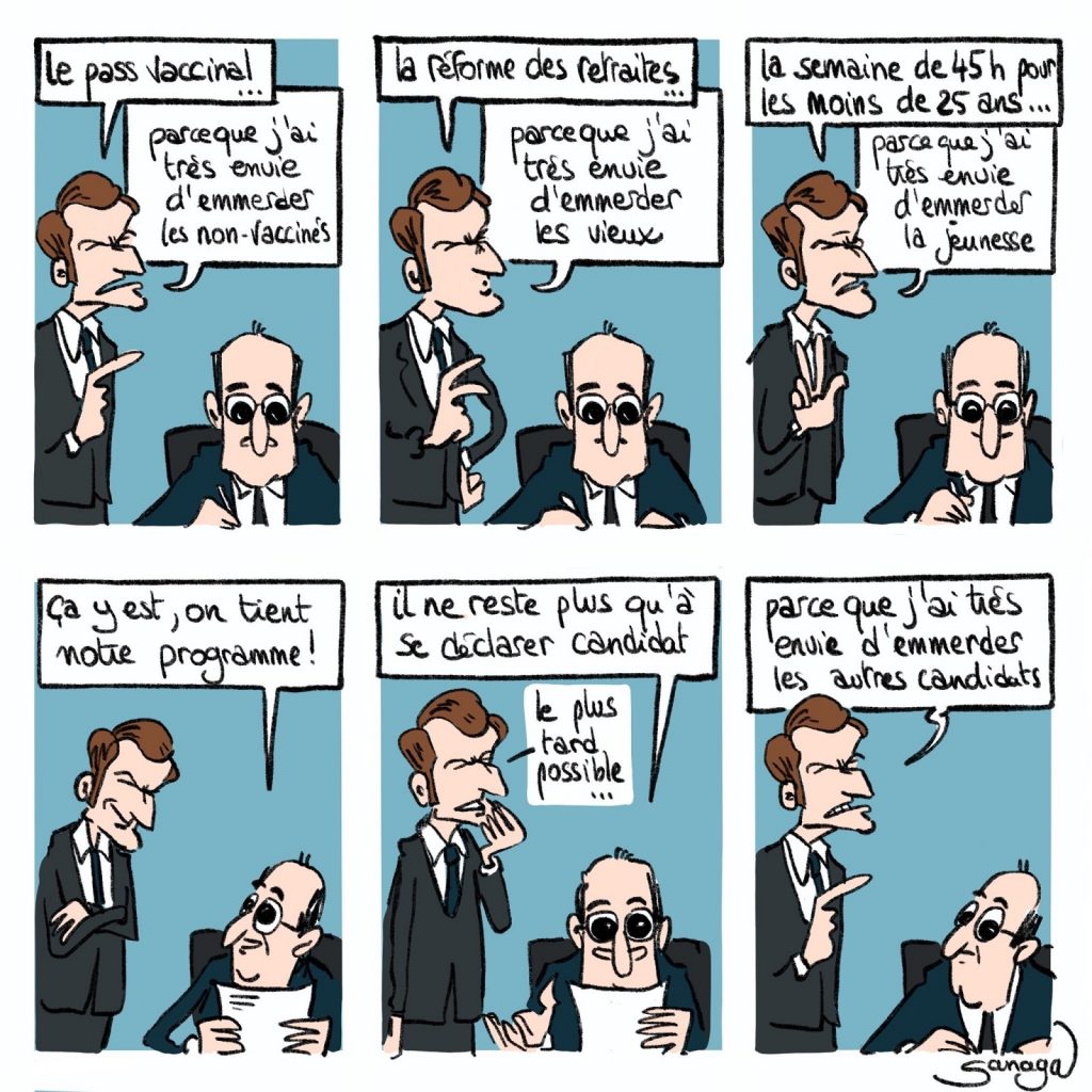dessin presse humour présidentielle 2022 image drôle programme Emmanuel Macron