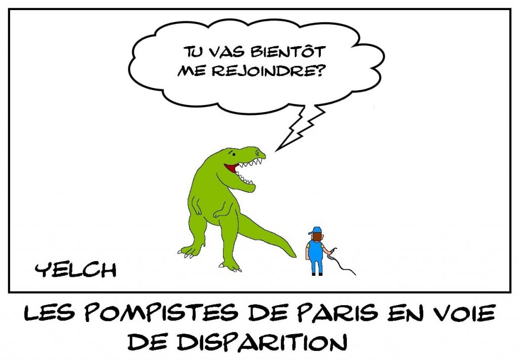 dessins humour disparition pompiste Paris image drôle métier dinosaure