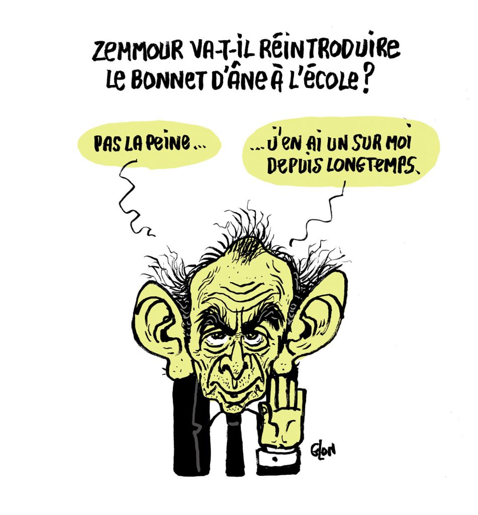 dessin presse humour présidentielle 2022 Éric Zemmour image drôle bonnet d’âne école