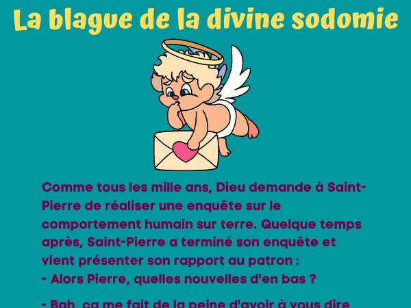 blague sodomie, blague religions, blague dieu, blague sexe, blague courrier, blague perversion sexuelle, blague sodomite, humour drôle