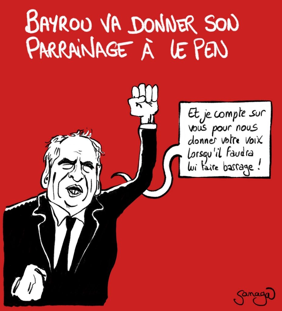 dessin presse humour présidentielle 2022 François Bayrou image drôle parrainage Marine Le Pen