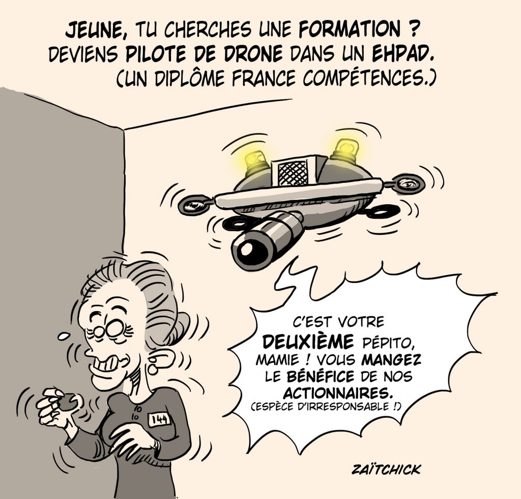 dessin presse humour scandale Ehpad Orpea image drôle or gris maltraitance drone surveillance