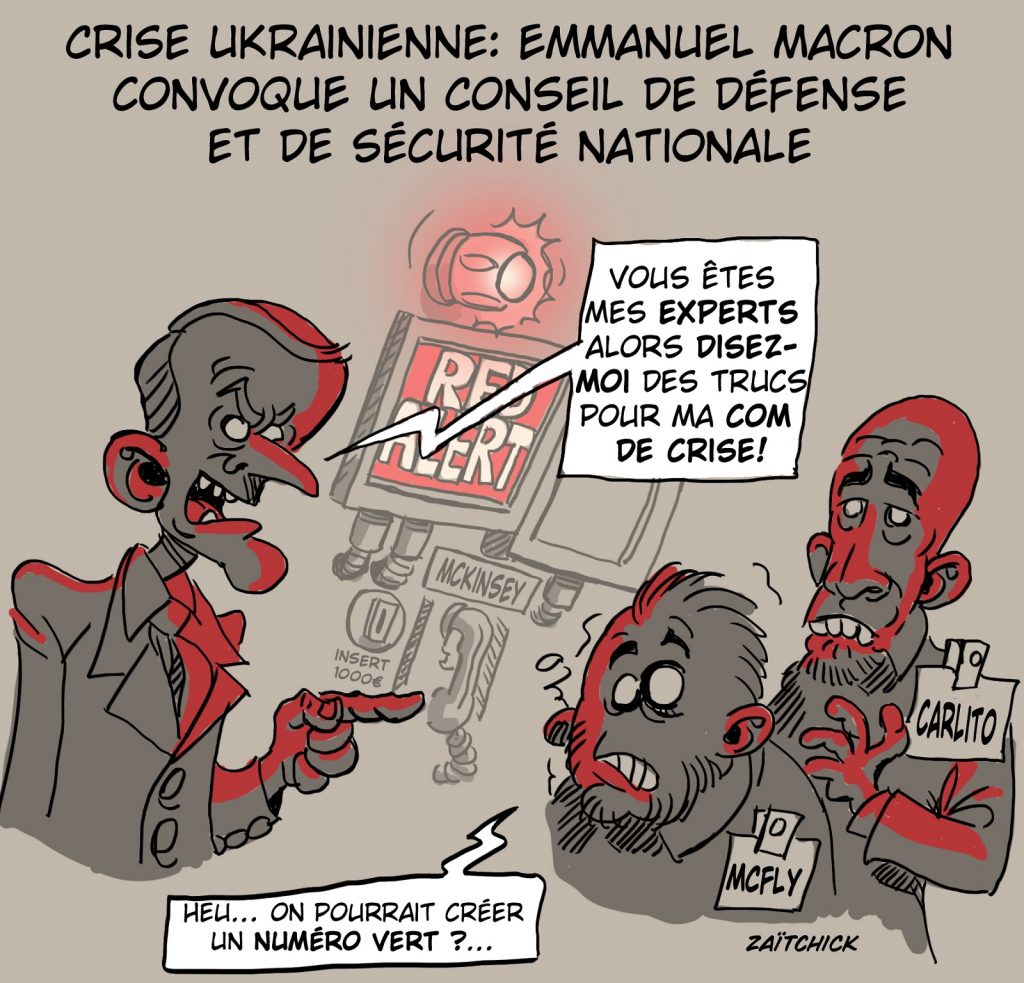 dessin presse humour crise ukrainienne Emmanuel Macron image drôle conseil défense McFly et Carlito
