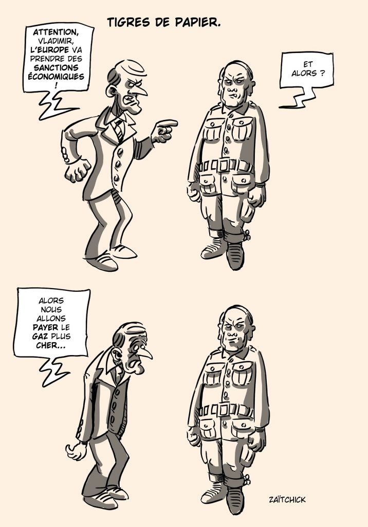 dessin presse humour Emmanuel Macron guerre Ukraine image drôle sanctions économiques Russie