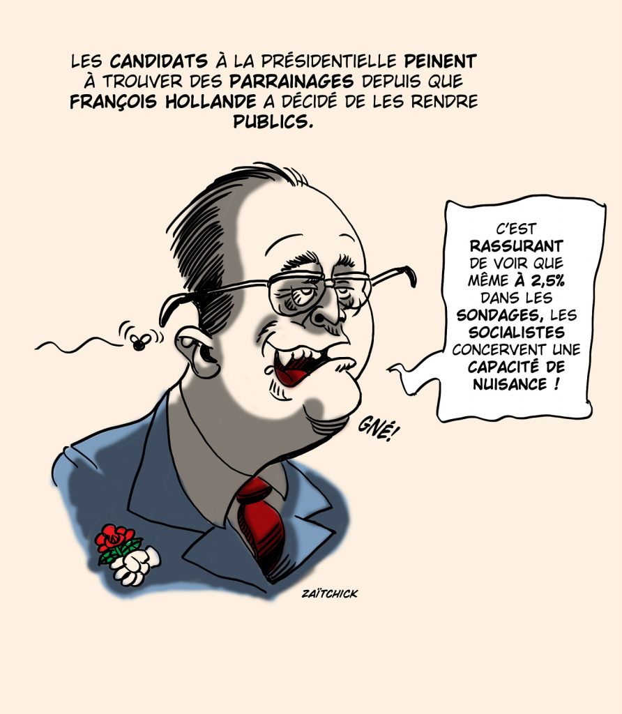 dessin presse humour présidentielle 2022 François Hollande image drôle parrainages publics