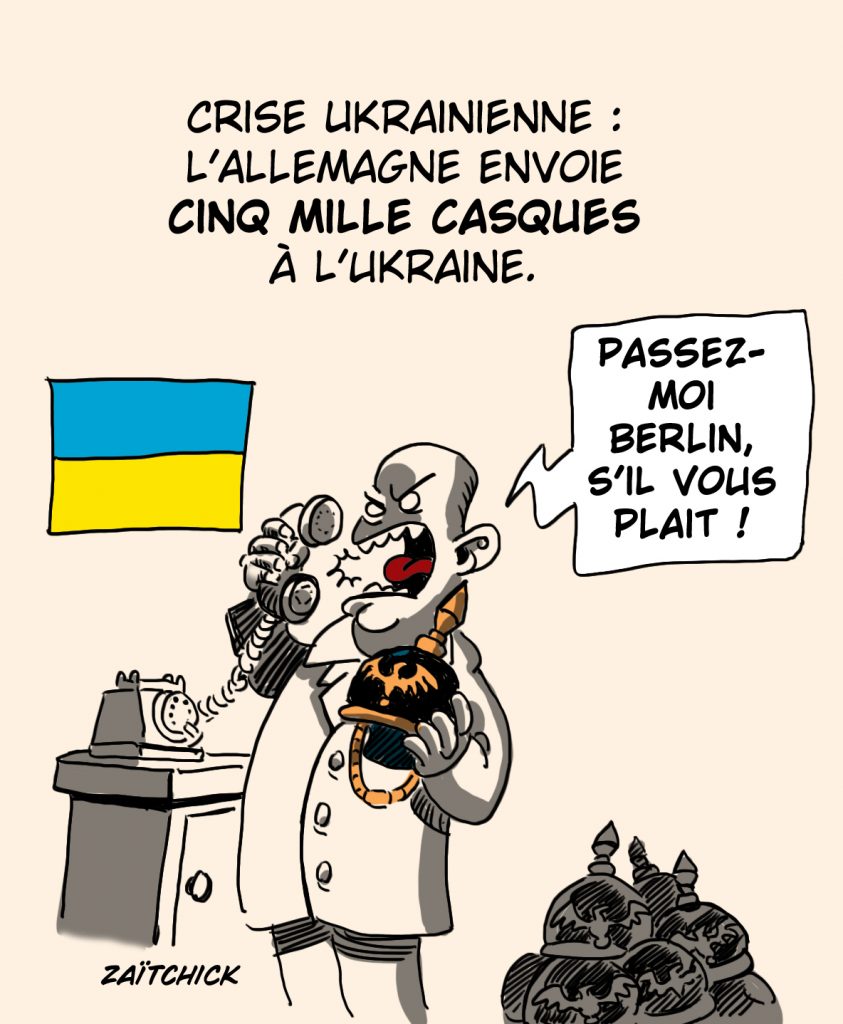 dessin presse humour crise guerre Ukraine image drôle Allemagne envoi casques