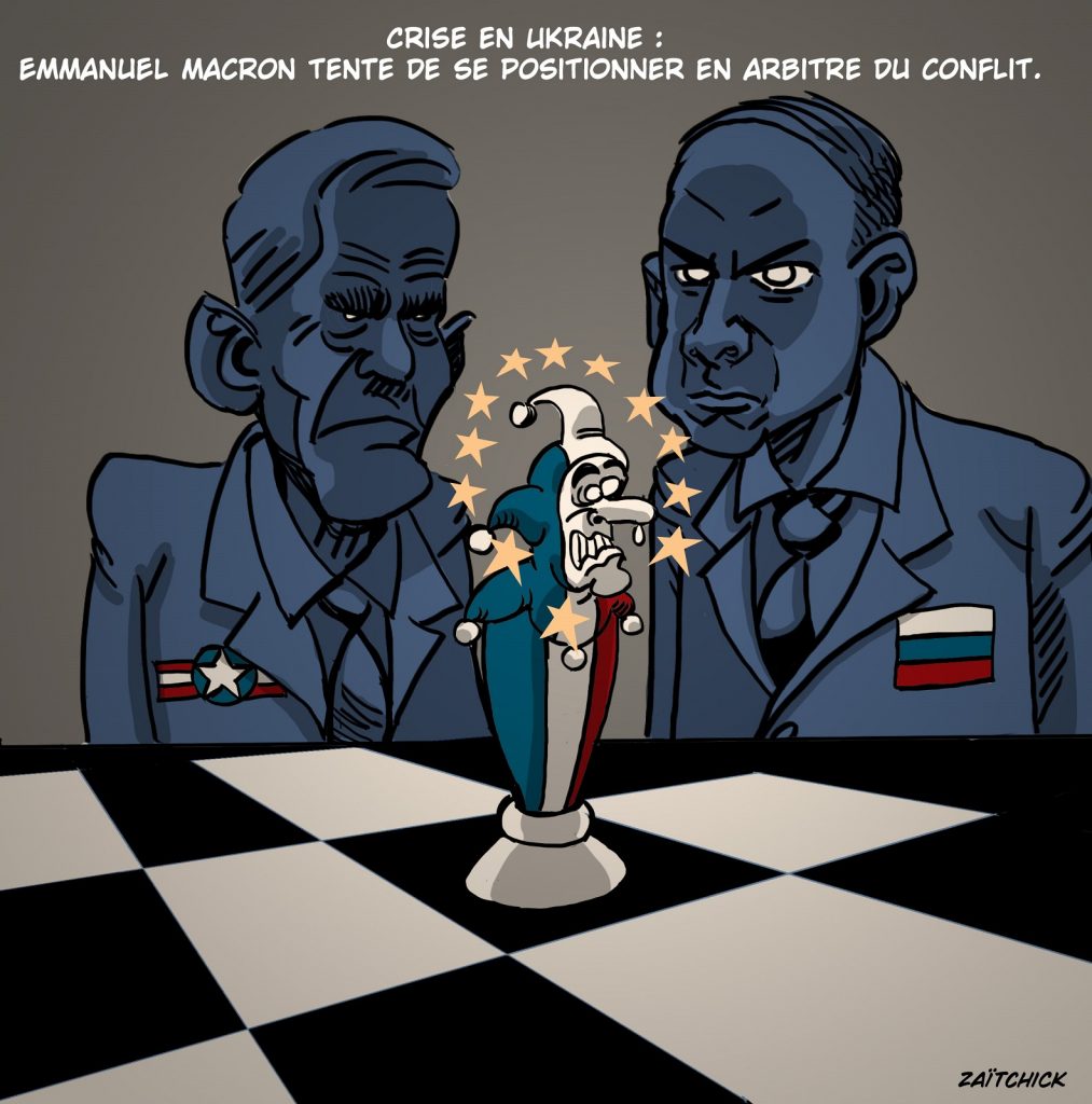 dessin presse humour crise Ukrainienne image drôle arbitre Emmanuel Macron