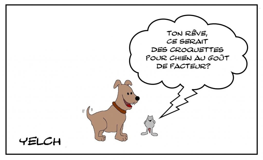 dessins humour rêve chien image drôle croquettes goût facteur